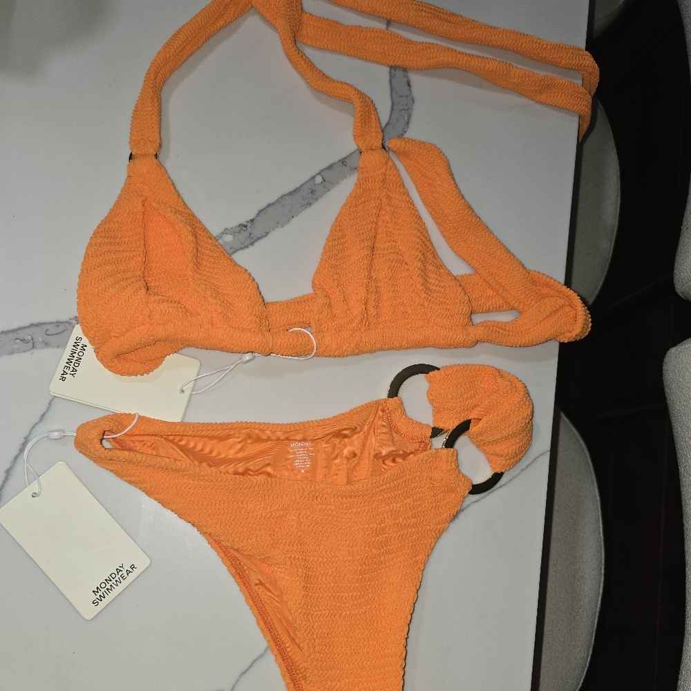 Monday Swimwear  Morocco Top - Tangerine Crinkle. Ring Bikini Bottom Tangerine